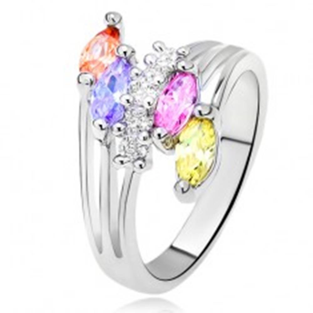 Šperky eshop Lesklý prsteň - farebné zrniečkové kamienky, rozvetvené ramená, číra línia - Veľkosť: 51 mm