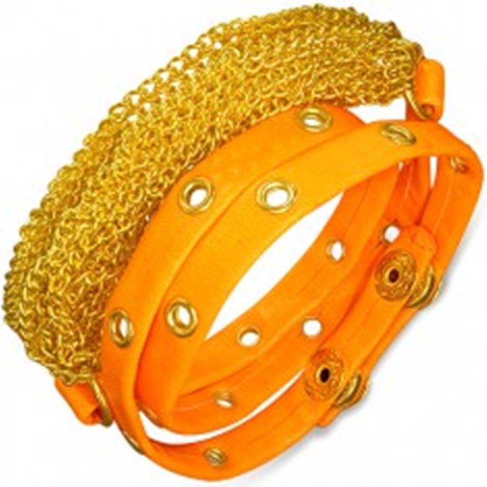 Šperky eshop Náramok z umelej kože - retiazky zlatej farby, neónovo oranžový vybíjaný pás