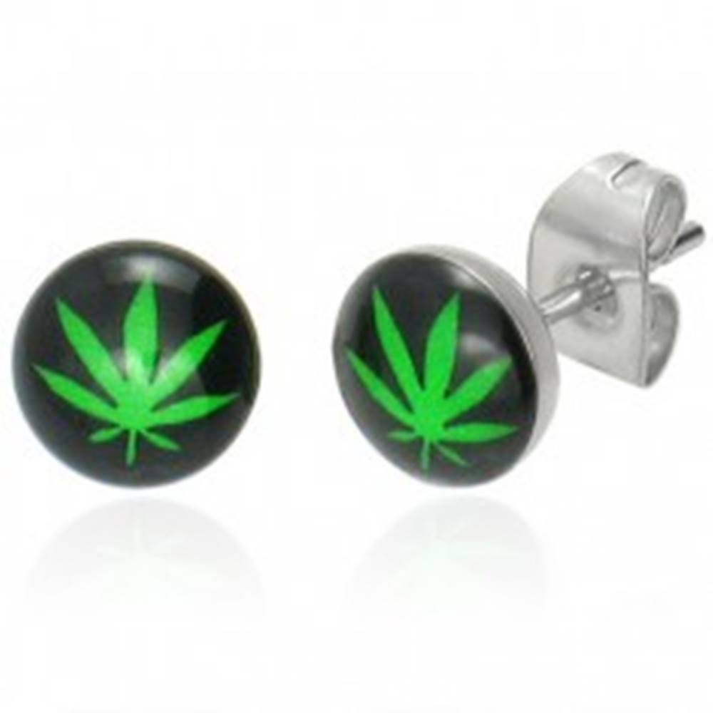 Šperky eshop Oceľové náušnice s obrázkom zeleného listu marihuany, puzetky