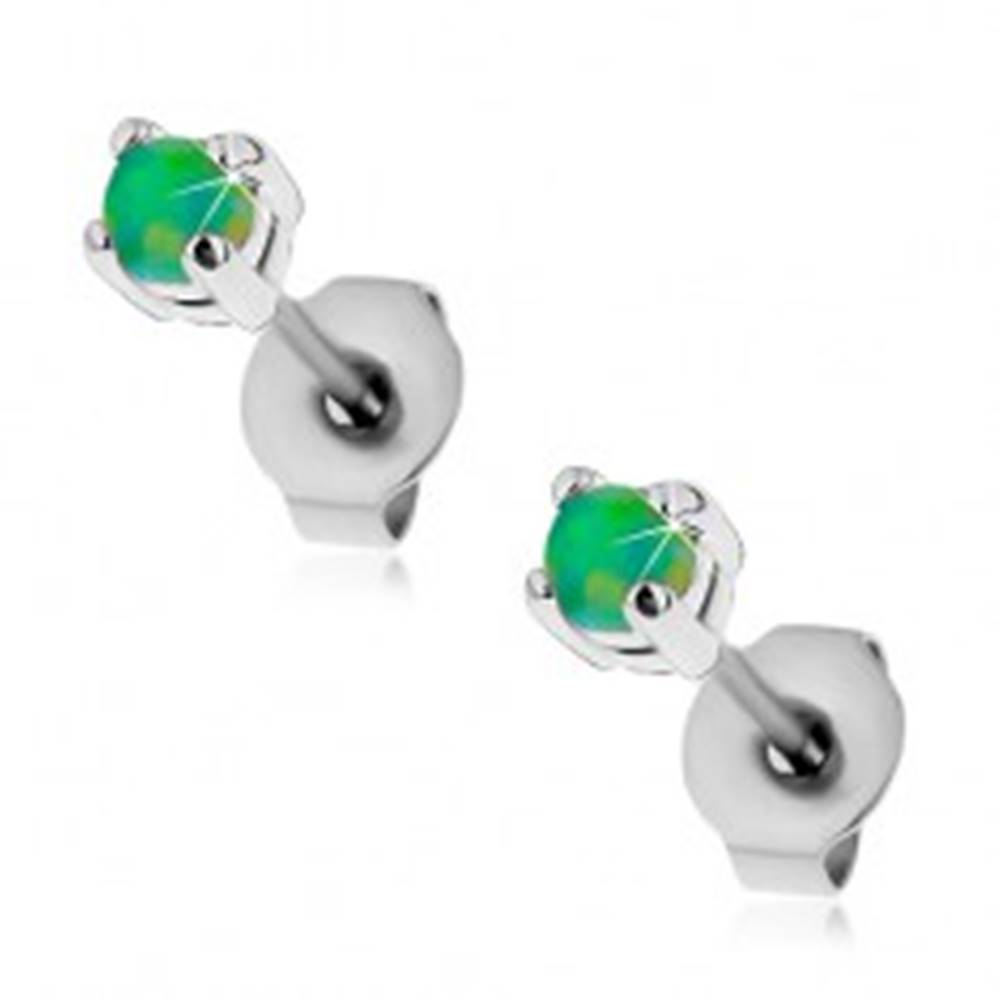 Šperky eshop Oceľové puzetové náušnice, okrúhly syntetický opál zelenej farby, 3 mm