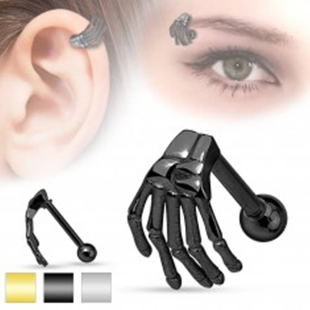 Šperky eshop Oceľový piercing do ucha alebo obočia, kostra ruky, rôzne farby - Farba: Čierna