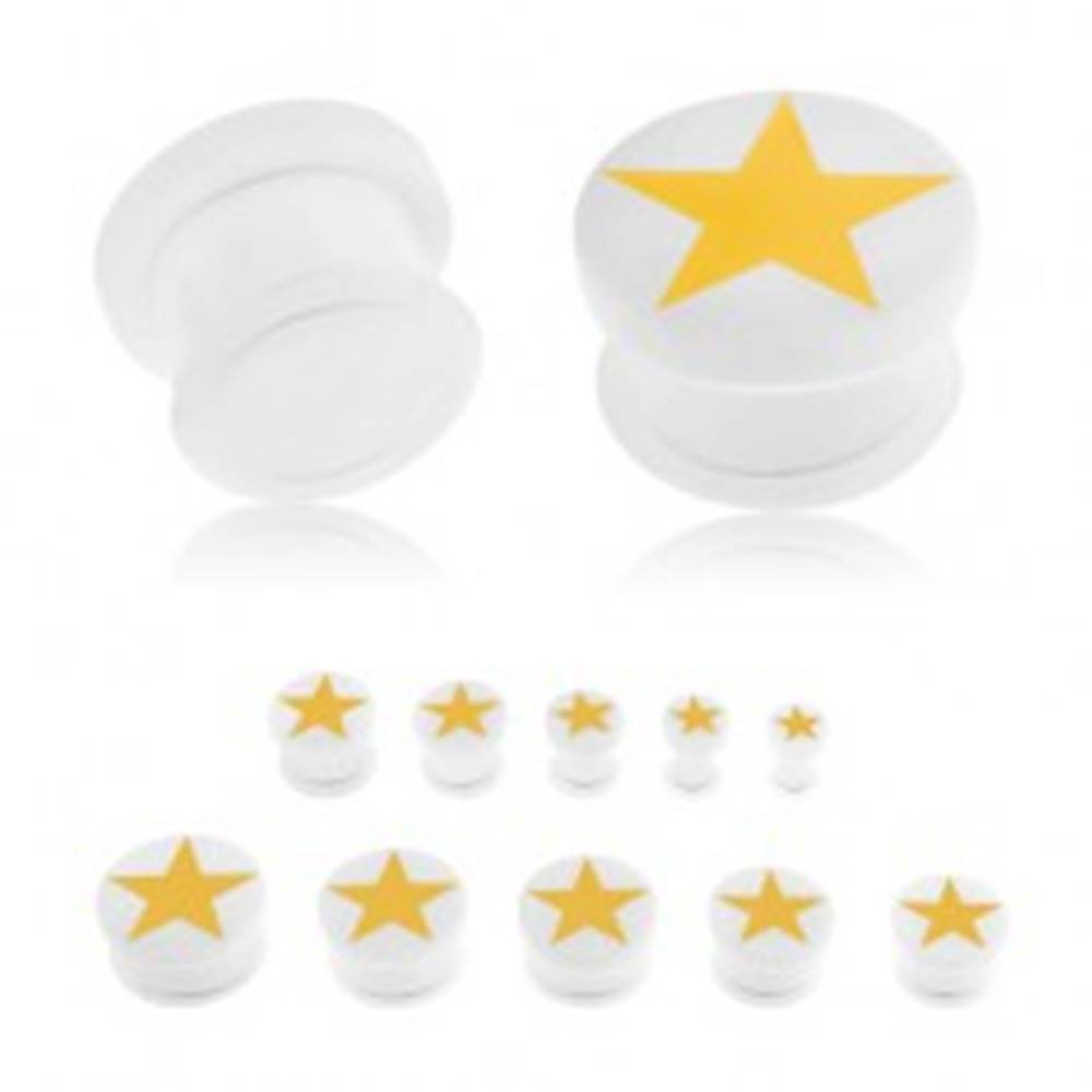 Šperky eshop Plug do ucha z akrylu bielej farby, žltá päťcípa hviezda, gumička - Hrúbka: 10 mm
