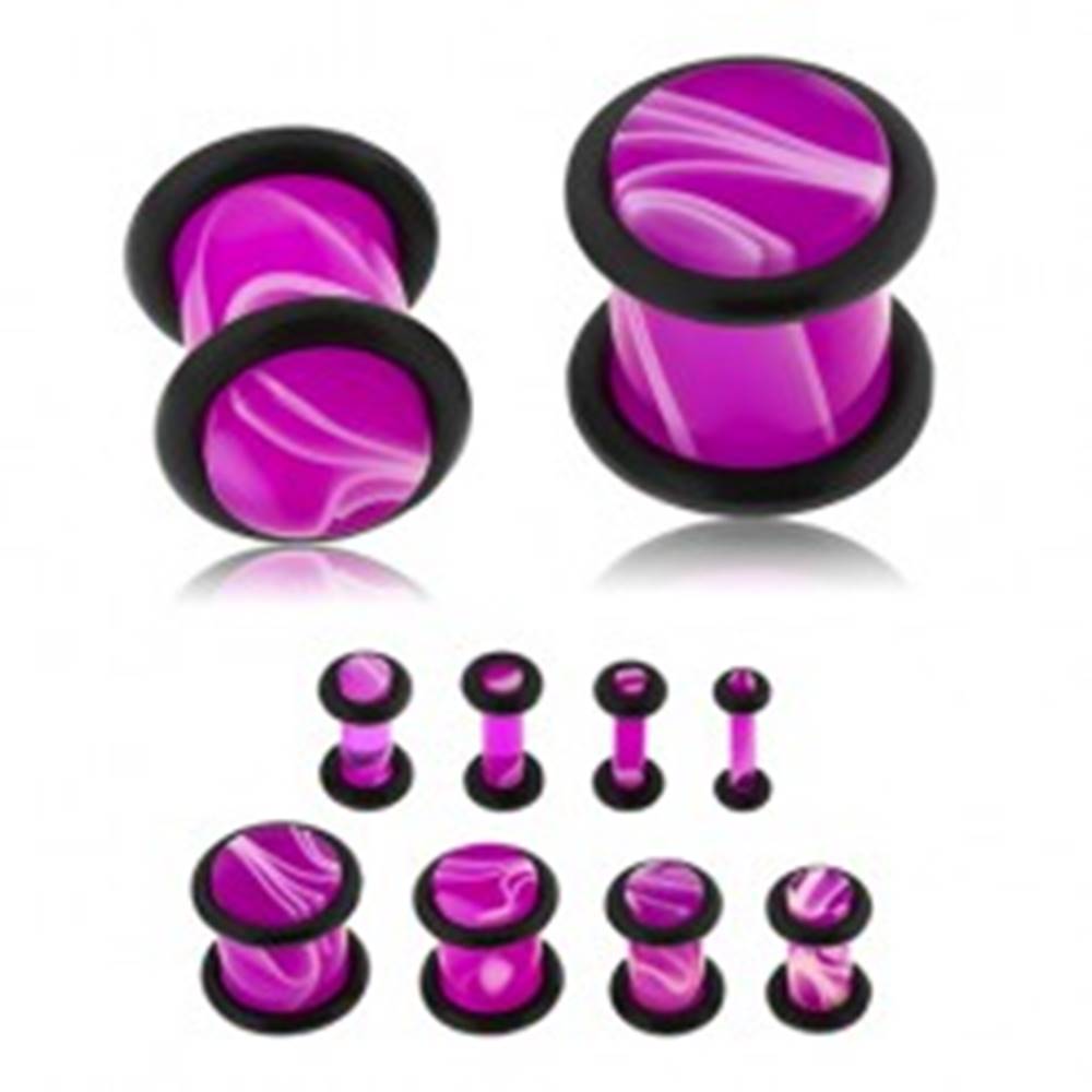 Šperky eshop Plug do ucha z akrylu fialovej farby, biely mramorový vzor, dve gumičky - Hrúbka: 10 mm