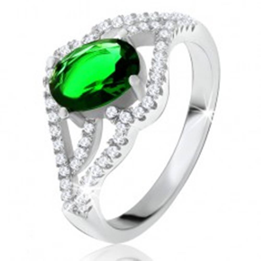 Šperky eshop Prsteň s oválnym zeleným kameňom, zvlnené zirkónové ramená, striebro 925 - Veľkosť: 50 mm