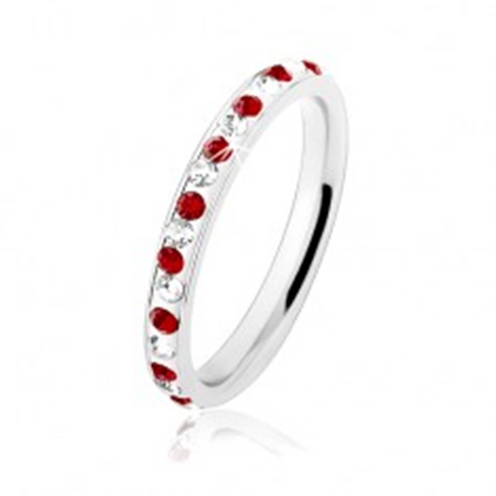 Šperky eshop Prsteň z ocele 316L v striebornej farbe, tmavočervené a číre zirkóniky - Veľkosť: 49 mm