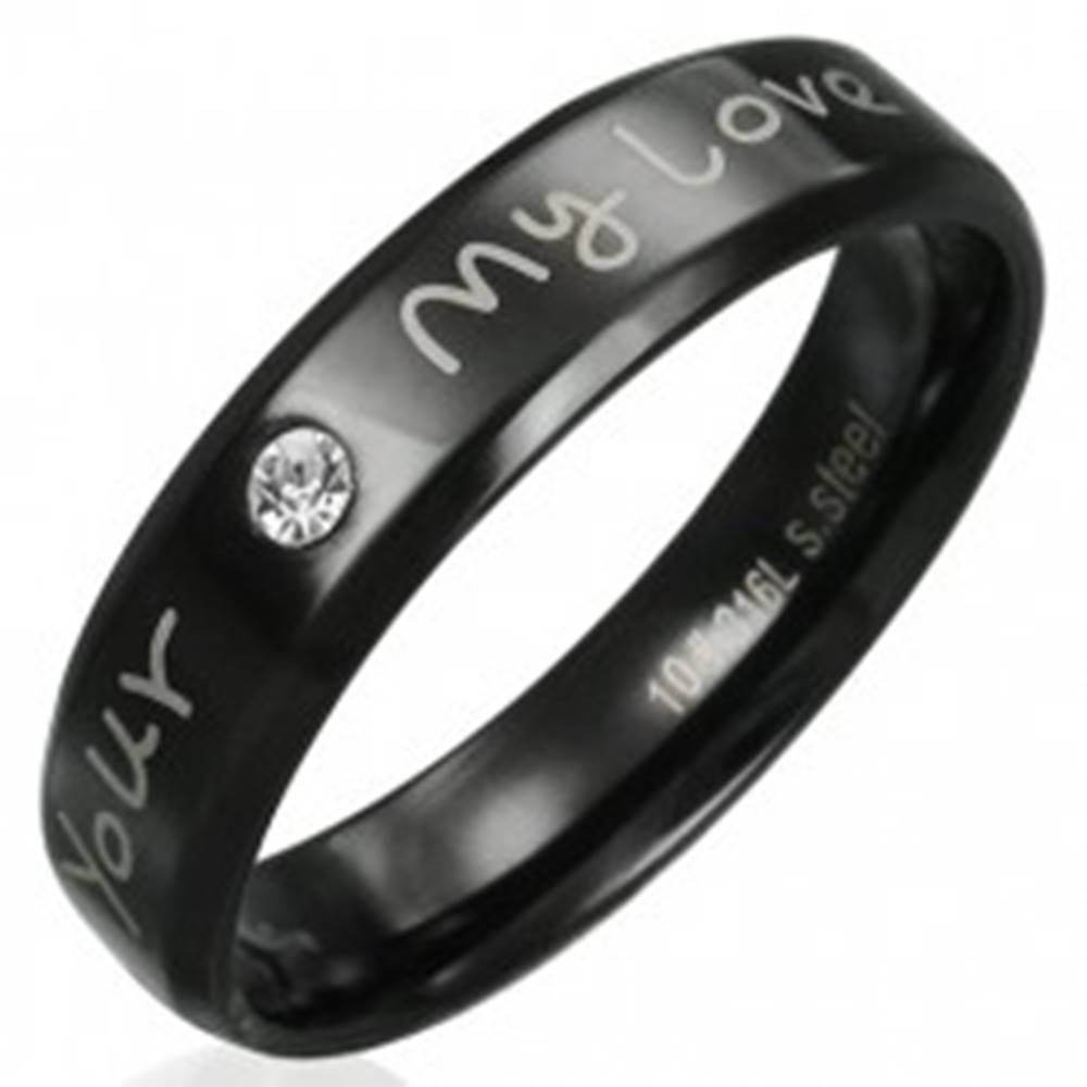 Šperky eshop Prsteň z ocele - čierny s vyznaním lásky a čírym zirkónom - Veľkosť: 51 mm