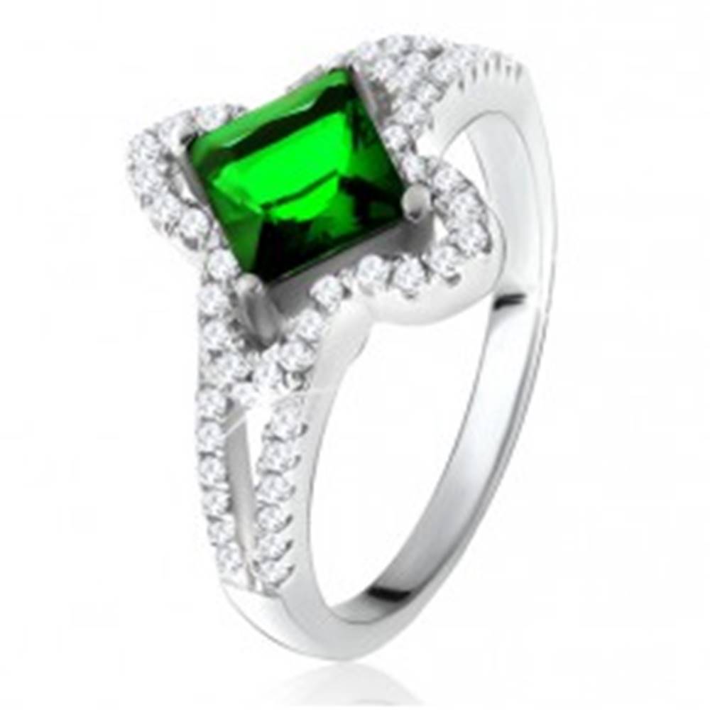 Šperky eshop Prsteň zo striebra 925, šikmo uchytený zelený štvorcový zirkón - Veľkosť: 50 mm
