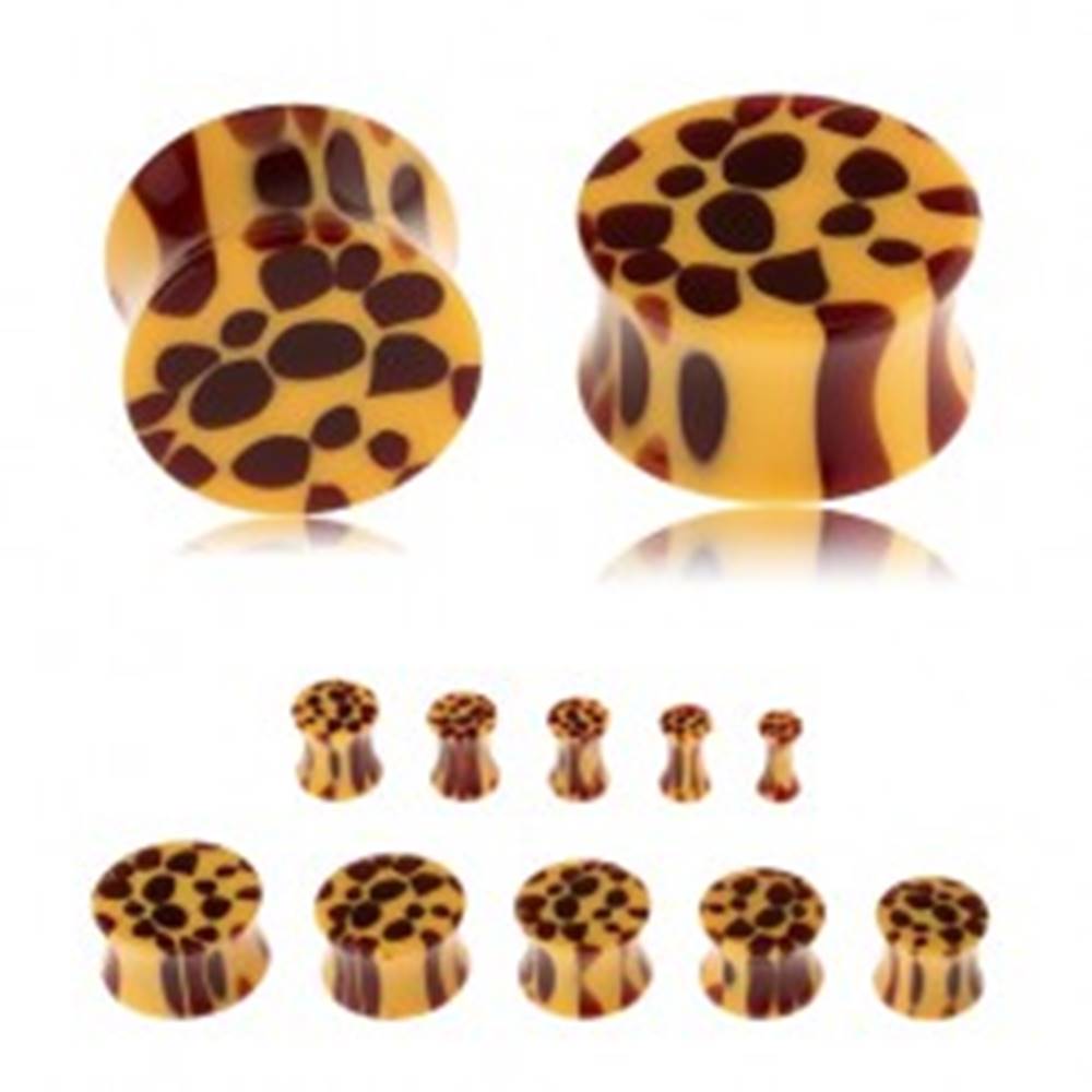 Šperky eshop Sedlový plug do ucha z akrylu, žltá farba, hnedé škvrny - leopardí vzor - Hrúbka: 10 mm