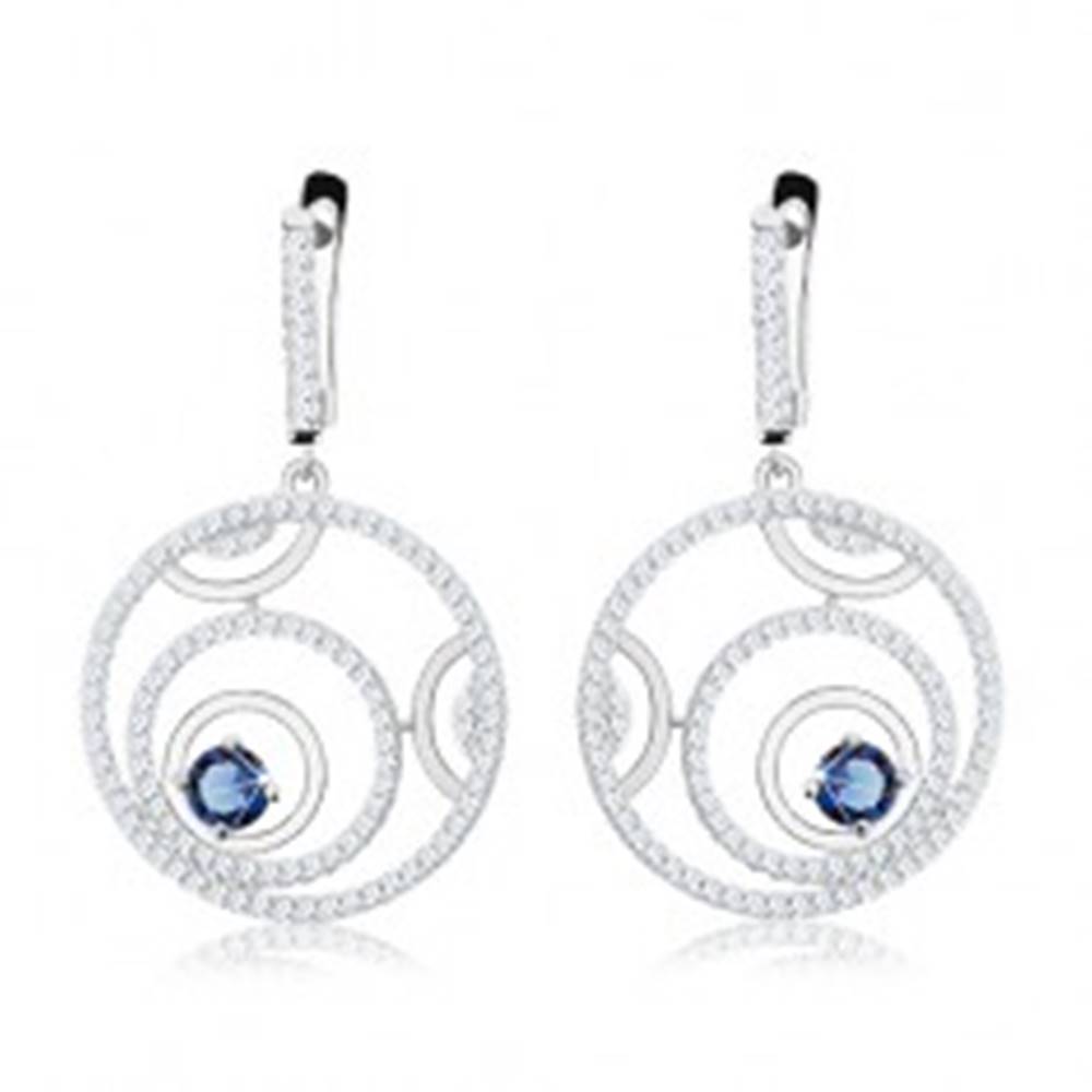 Šperky eshop Strieborné náušnice 925, trblietavé kruhy, modrý okrúhly zirkón