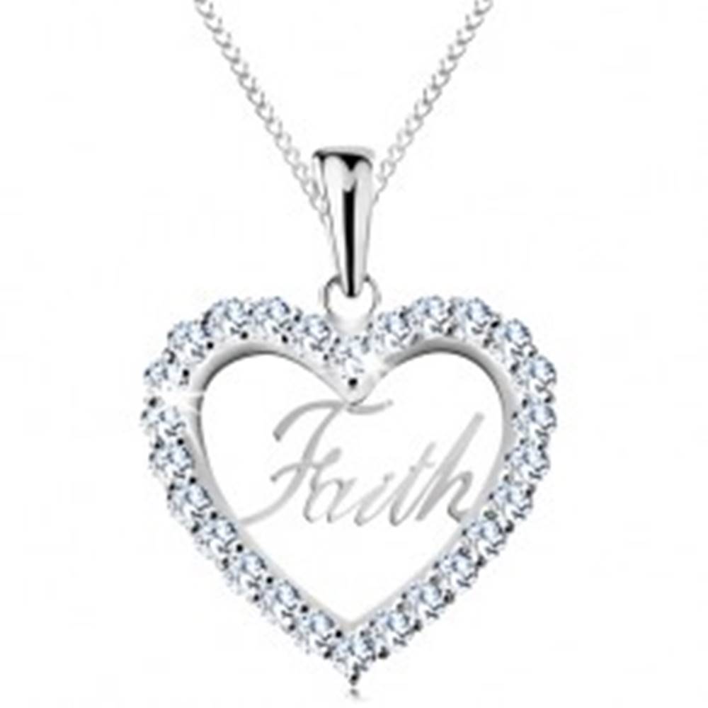 Šperky eshop Strieborný 925 náhrdelník, zirkónový obrys srdca, nápis Faith, tenká retiazka