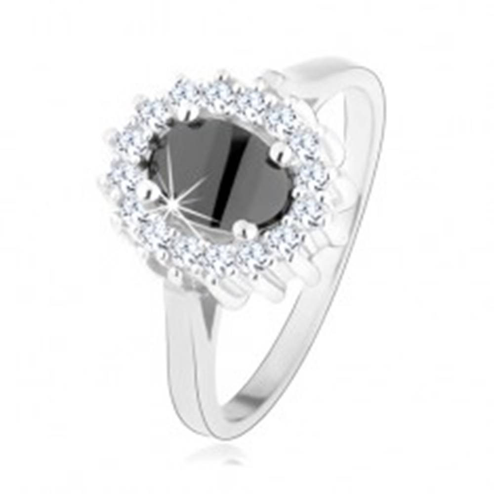 Šperky eshop Strieborný prsteň 925, oválny čierny zirkón, trblietavá obruba, ródiovaný - Veľkosť: 47 mm