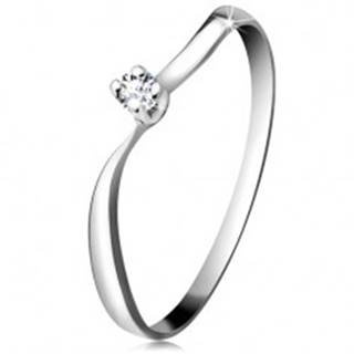 Diamantový prsteň z bieleho 14K zlata - ligotavý briliant v kotlíku, zvlnené ramená - Veľkosť: 48 mm
