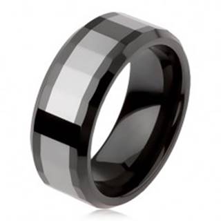 Lesklý volfrámový prsteň, dvojfarebný, geometricky brúsený povrch - Veľkosť: 49 mm
