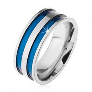 Oceľový prsteň v striebornom odtieni, tenké vyhĺbené pásy modrej farby, 8 mm - Veľkosť: 57 mm