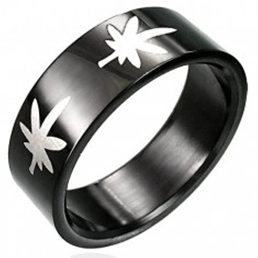Šperky eshop Čierny prsteň s marihuanou - Veľkosť: 54 mm