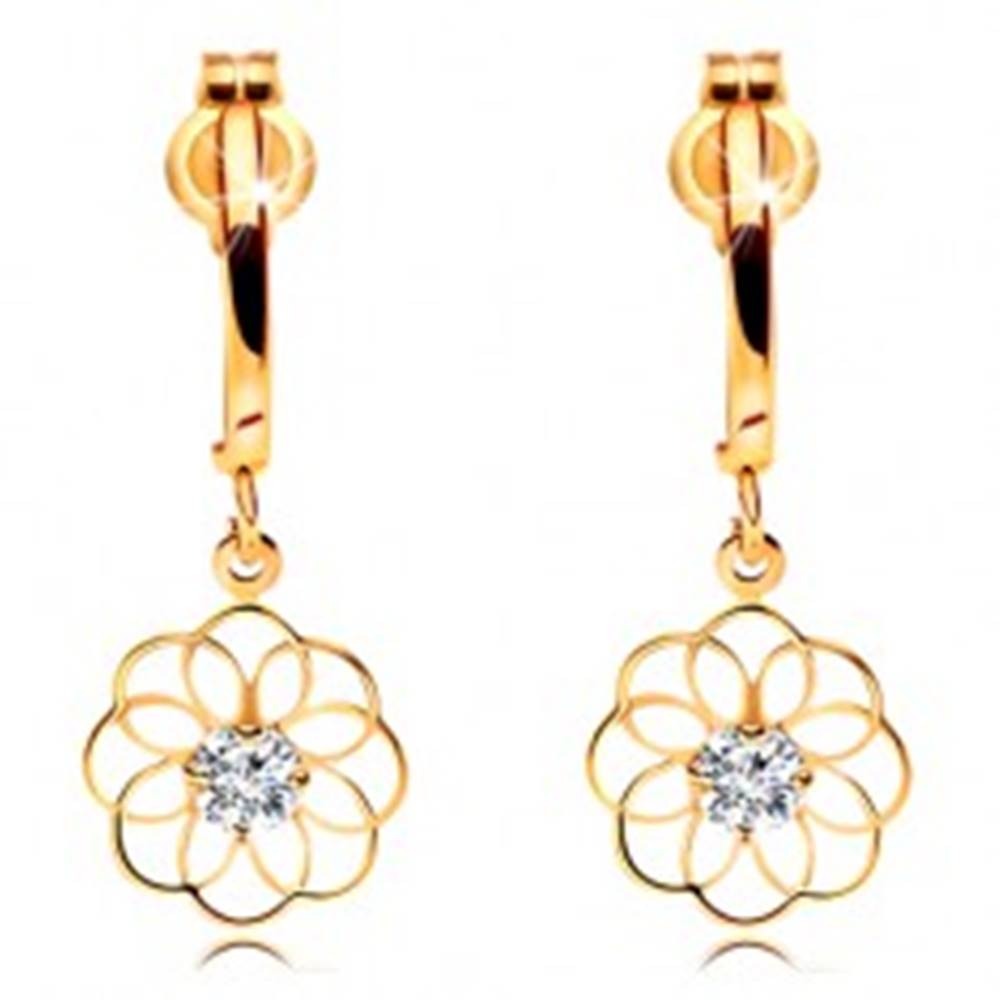 Šperky eshop Diamantové náušnice zo žltého 14K zlata - visiaci kvet s ligotavým briliantom
