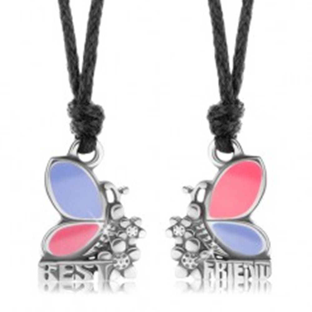 Šperky eshop Dva náhrdelníky pre priateľov, ružovo-fialové motýle, kvietky, BEST FRIEND