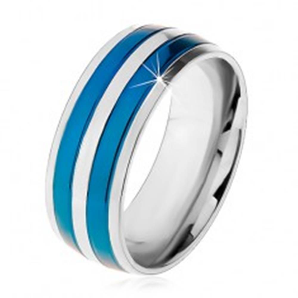 Šperky eshop Dvojfarebný oceľový prsteň, tenké pásy v modrom a striebornom odtieni, zárezy, 8 mm - Veľkosť: 57 mm