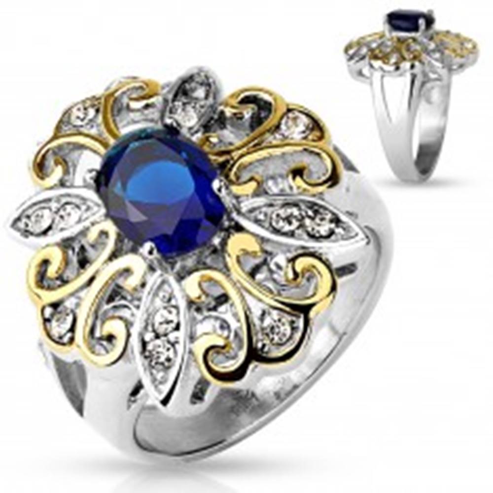 Šperky eshop Mohutný prsteň z ocele 316L, veľký dvojfarebný kvet, tmavomodrý oválny zirkón - Veľkosť: 51 mm