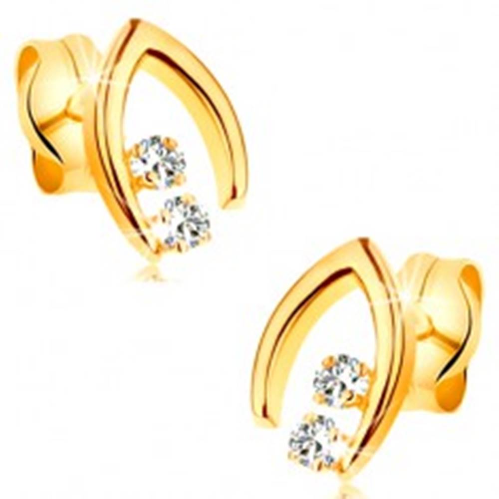 Šperky eshop Náušnice v žltom 14K zlate - špicatá podkovička s dvoma čírymi zirkónmi
