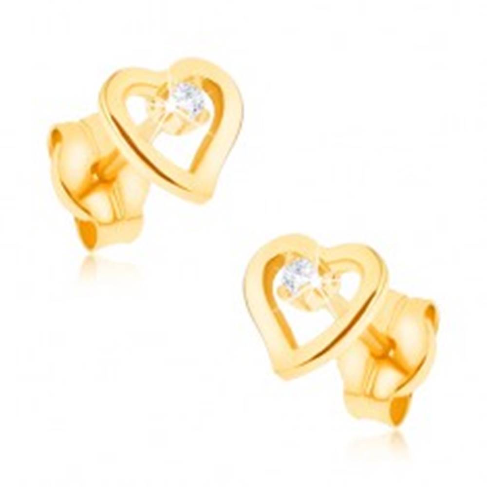 Šperky eshop Náušnice v žltom 9K zlate - kontúra nepravidelného srdca, zirkónik