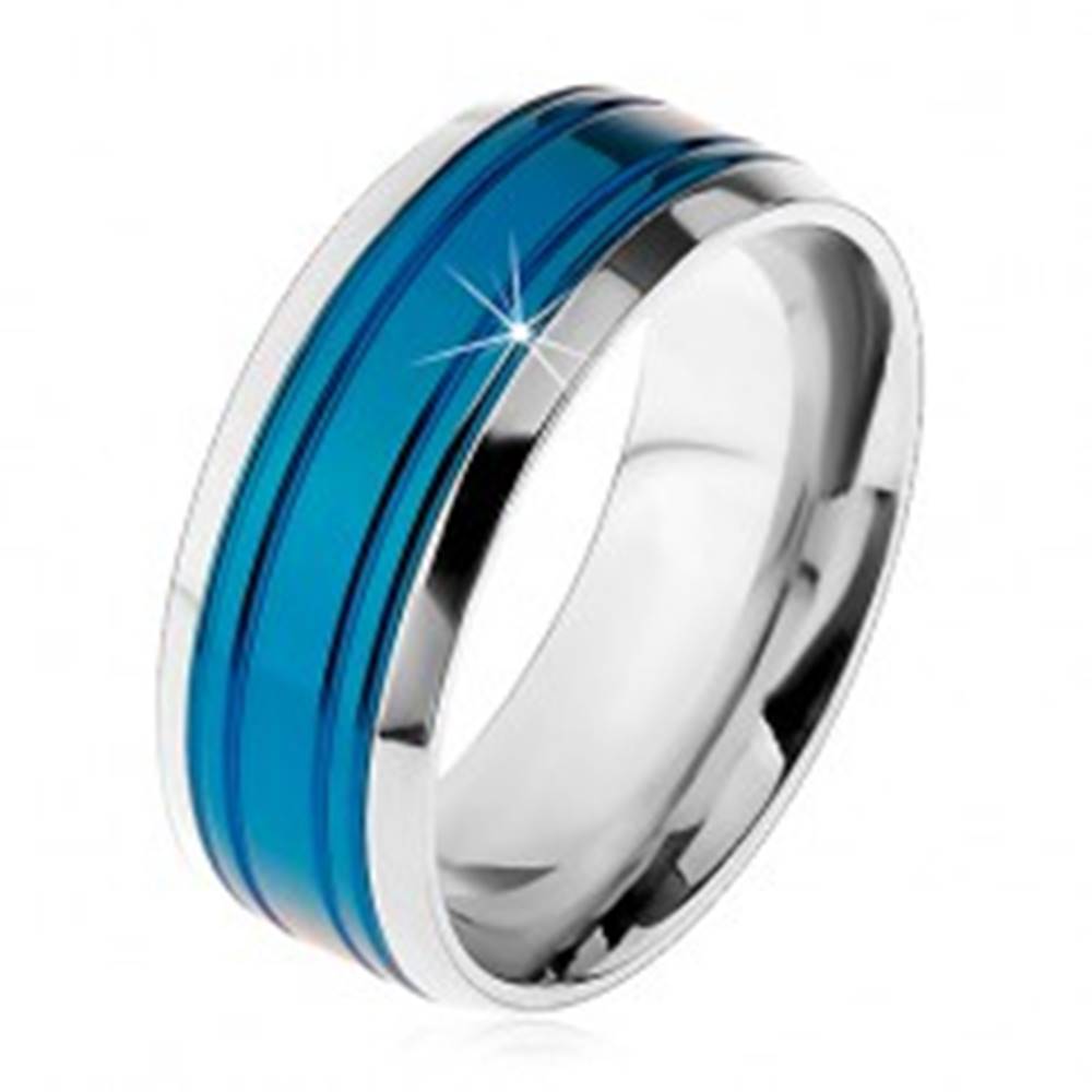 Šperky eshop Obrúčka z chirurgickej ocele, modrý pás, lemy striebornej farby, zárezy, 8 mm - Veľkosť: 57 mm