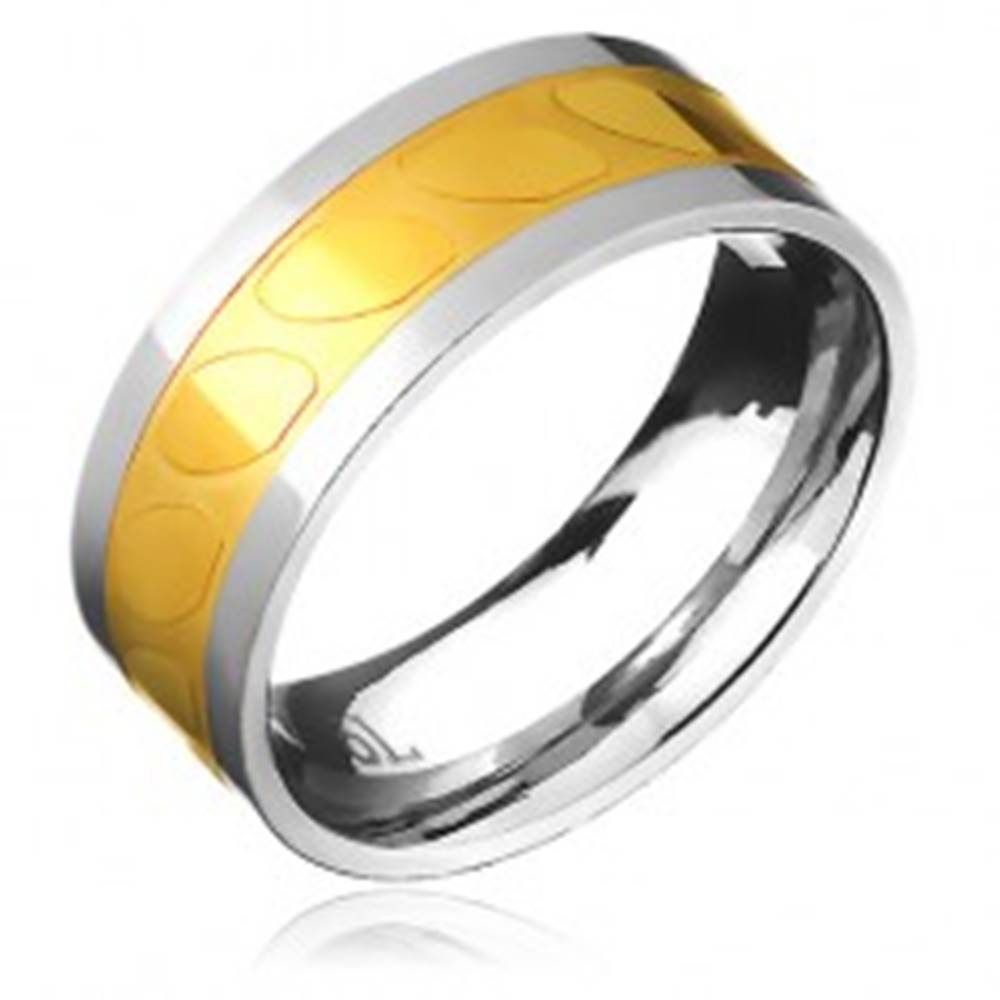 Šperky eshop Obrúčka z ocele - zlato-strieborná farba, motív šikmých oválov - Veľkosť: 57 mm