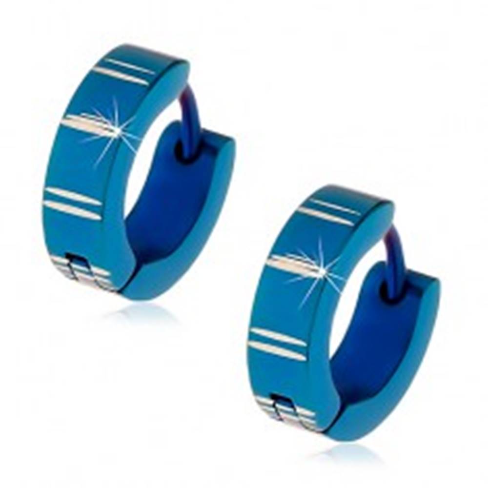 Šperky eshop Oceľové náušnice s kĺbovým zapínaním, modré krúžky so zárezmi