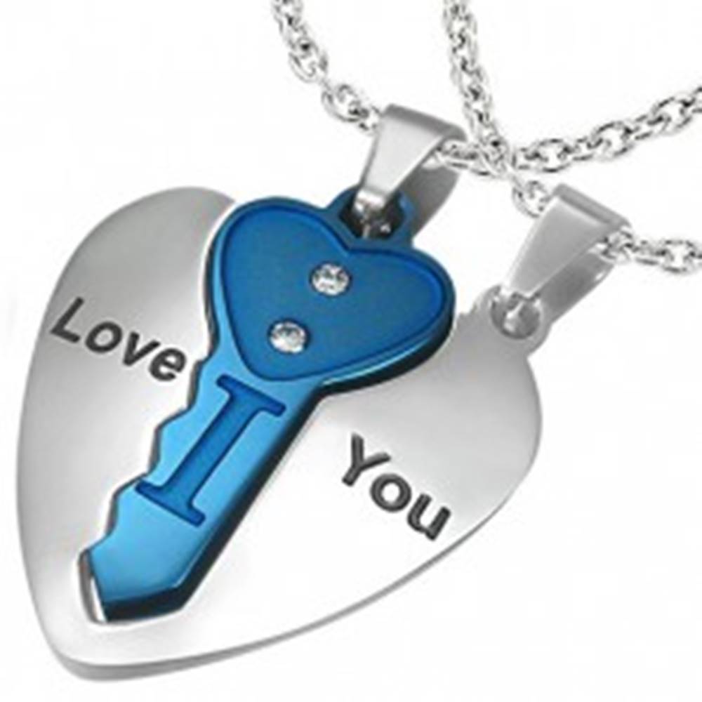 Šperky eshop Oceľový dvojprívesok, srdce striebornej farby s modrým kľúčikom, nápis, zirkóny