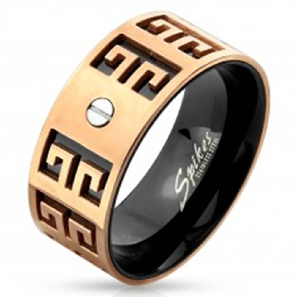 Šperky eshop Oceľový prsteň - medeno-čierna kombinácia, vyryté symboly, malá skrutka, 9 mm - Veľkosť: 60 mm