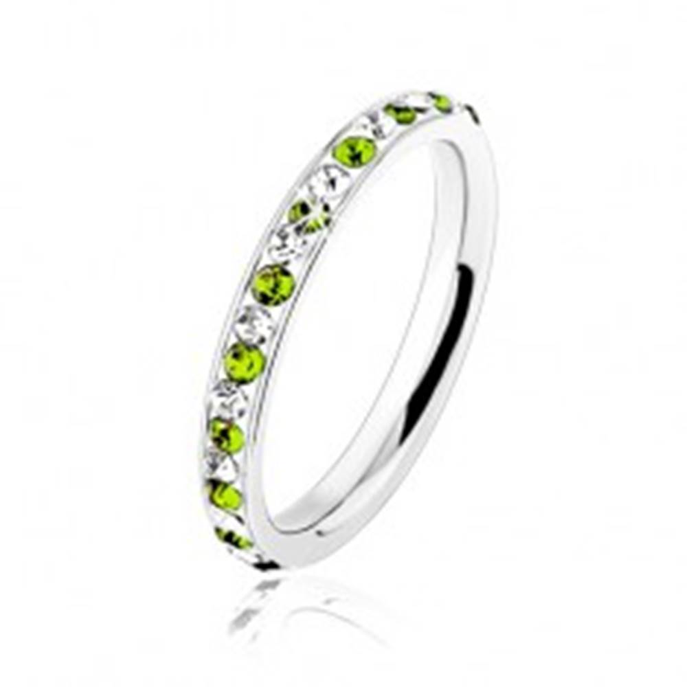 Šperky eshop Oceľový prsteň striebornej farby, číre a svetlozelené zirkóniky - Veľkosť: 49 mm