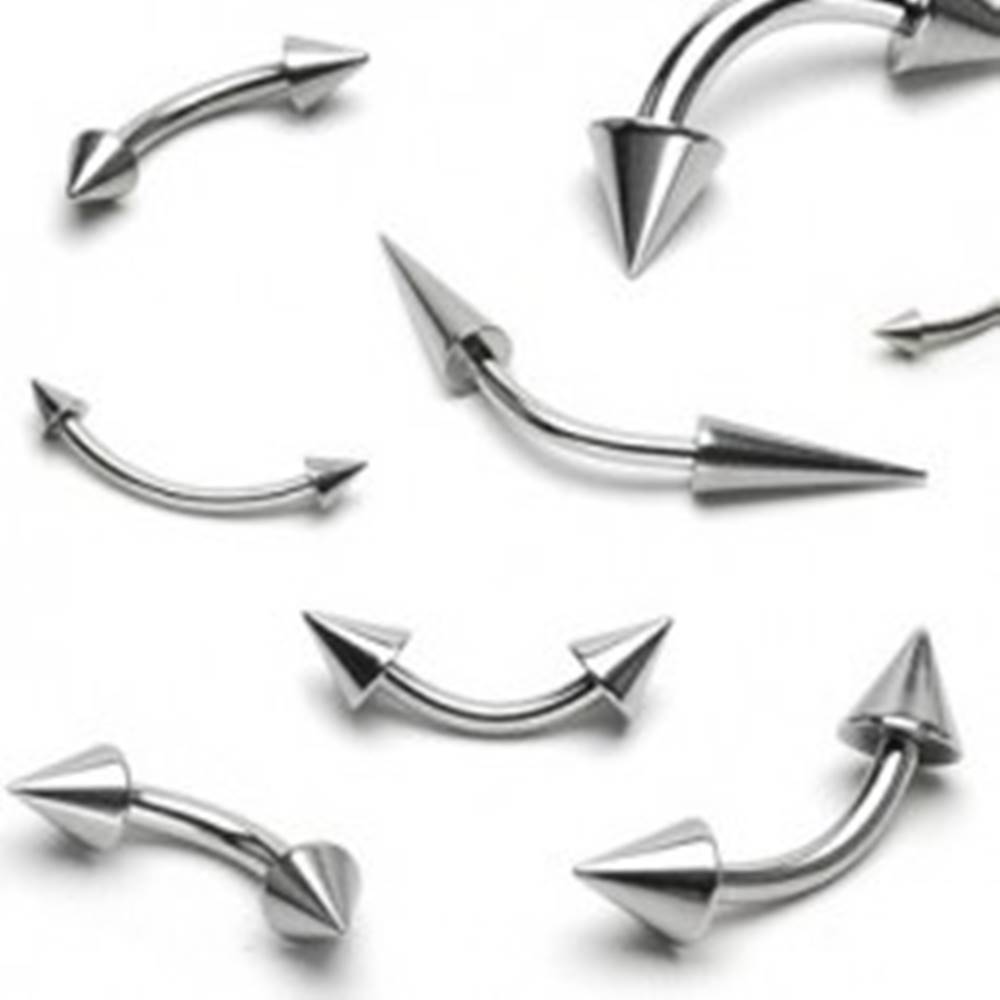 Šperky eshop Piercing do obočia z ocele - dva lesklé špicaté hroty - Rozmer: 1,2 mm x 10 mm x 3x3 mm