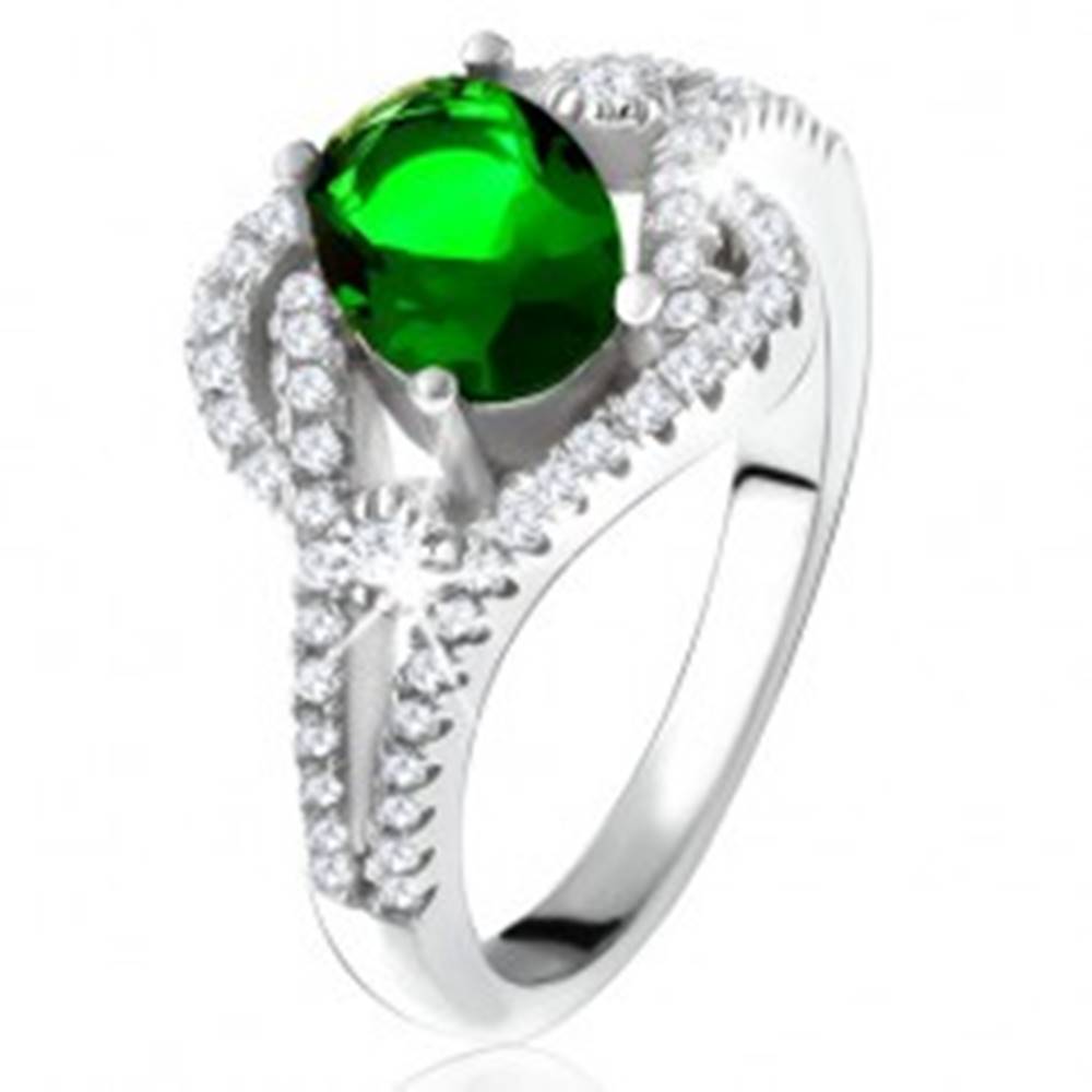 Šperky eshop Prsteň - striebro 925, zaoblené línie, číre kamienky, oválny zelený zirkón - Veľkosť: 50 mm