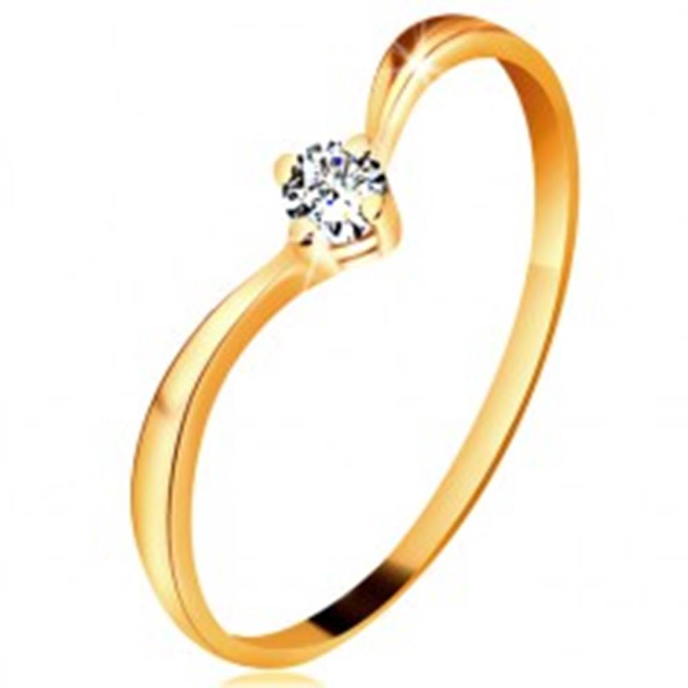Šperky eshop Prsteň zo žltého zlata 585 - lesklé zahnuté ramená, ligotavý číry diamant - Veľkosť: 49 mm