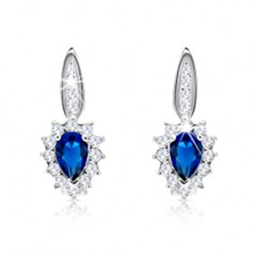 Šperky eshop Strieborné 925 náušnice - modrý zirkón, číry lem, úzky pásik s čírymi zirkónikmi