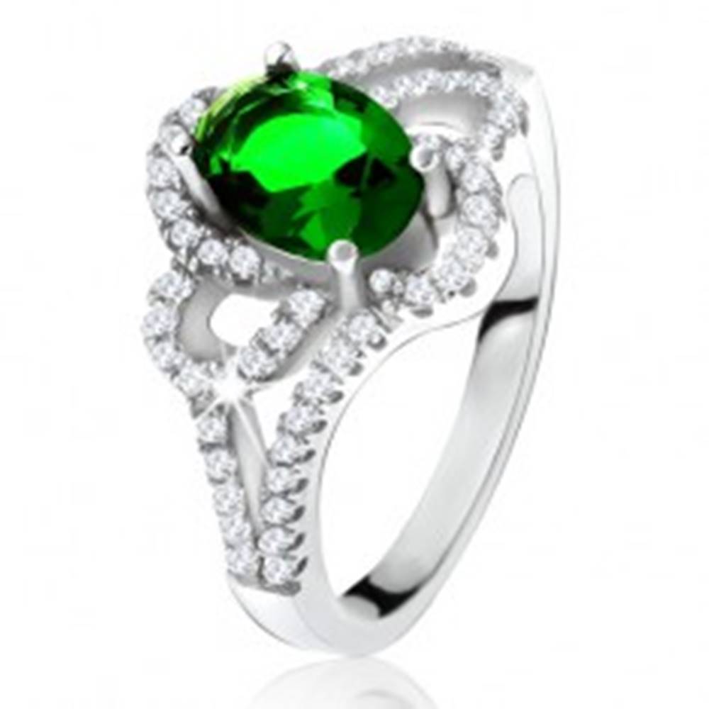 Šperky eshop Strieborný 925 prsteň, šikmý oválny zelený zirkón, zaoblené línie, číre kamienky - Veľkosť: 50 mm