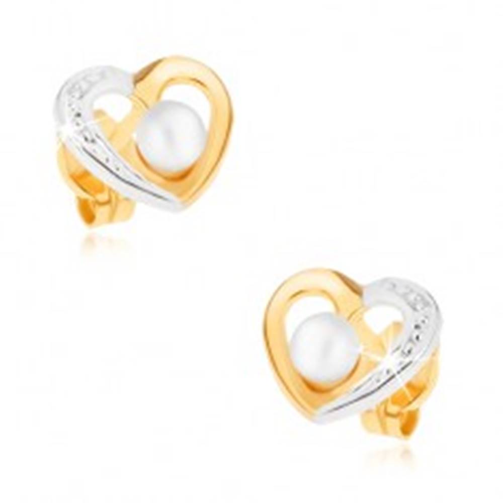 Šperky eshop Zlaté ródiované náušnice 375 - dvojfarebný obrys srdca, biela perlička