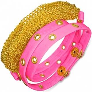 Kožený náramok - ružový pás s vybíjaním, retiazky zlatej farby