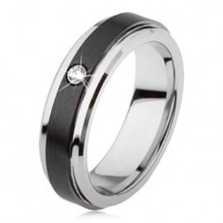 Volfrámový prsteň striebornej farby, čierny keramický pás, zirkón - Veľkosť: 49 mm