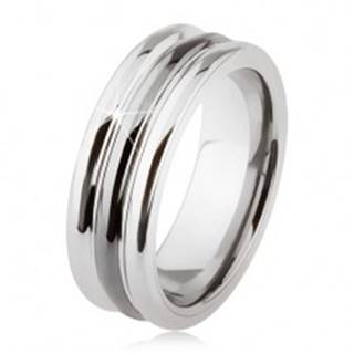 Wolfrámový prsteň s lesklým povrchom, dva zárezy, čierna a strieborná farba - Veľkosť: 54 mm