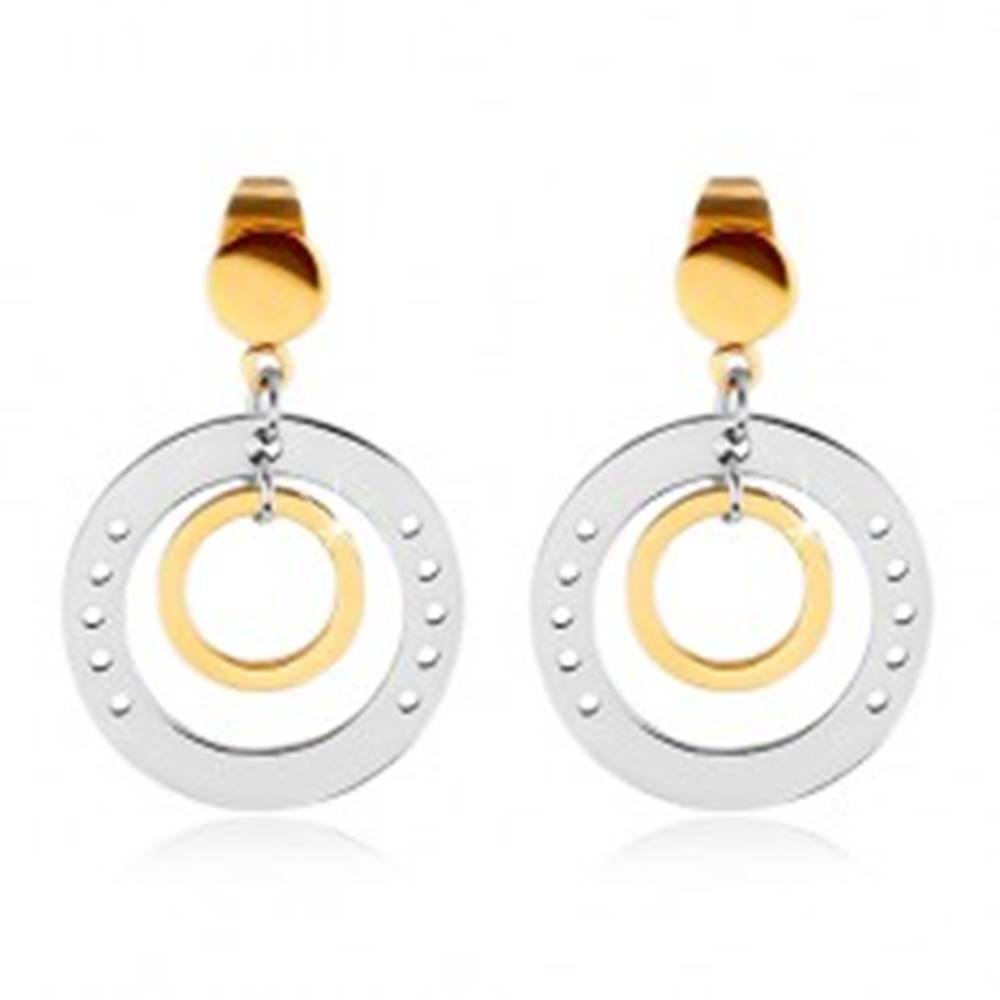 Šperky eshop Dvojfarebné náušnice z ocele 316L, veľký kruh s dierkami a menším kruhom