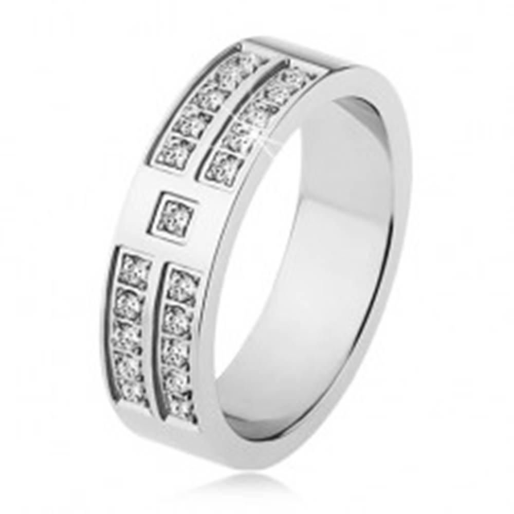 Šperky eshop Lesklý prsteň z ocele striebornej farby, ozdobné línie čírych zirkónov - Veľkosť: 53 mm