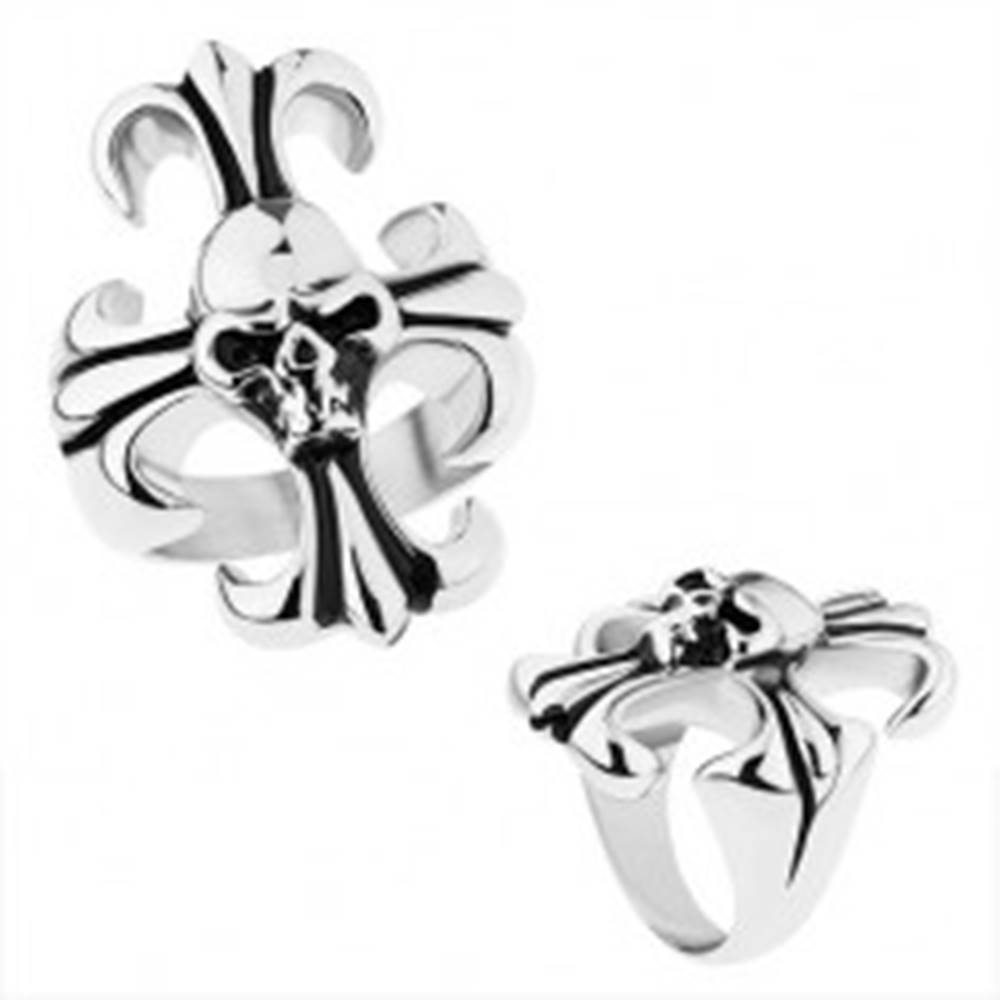 Šperky eshop Masívny prsteň z ocele 316L, strieborná farba, ľaliový kríž s lebkou - Veľkosť: 56 mm