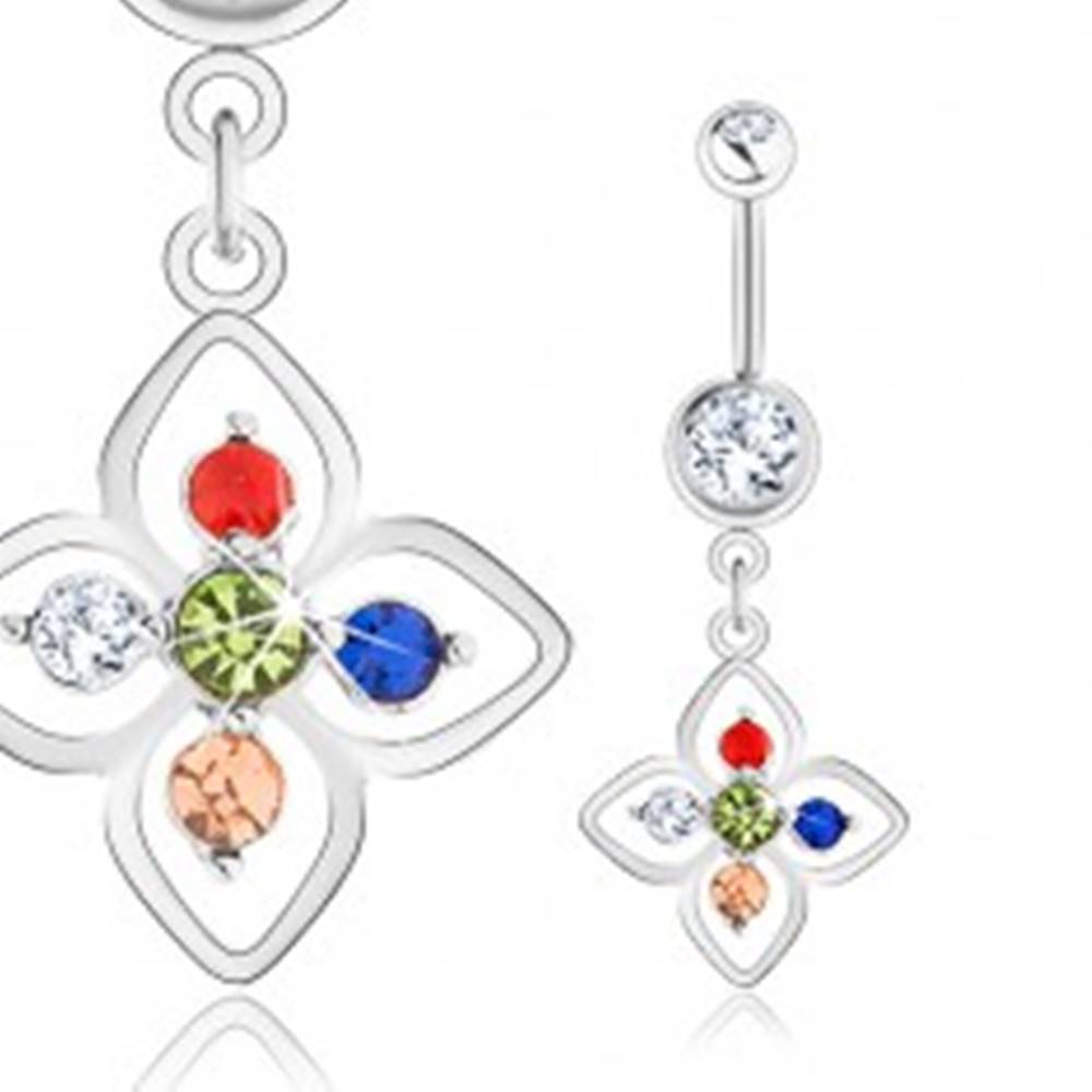 Šperky eshop Oceľový piercing do pupka, strieborná farba, kvietok zdobený farebnými zirkónmi