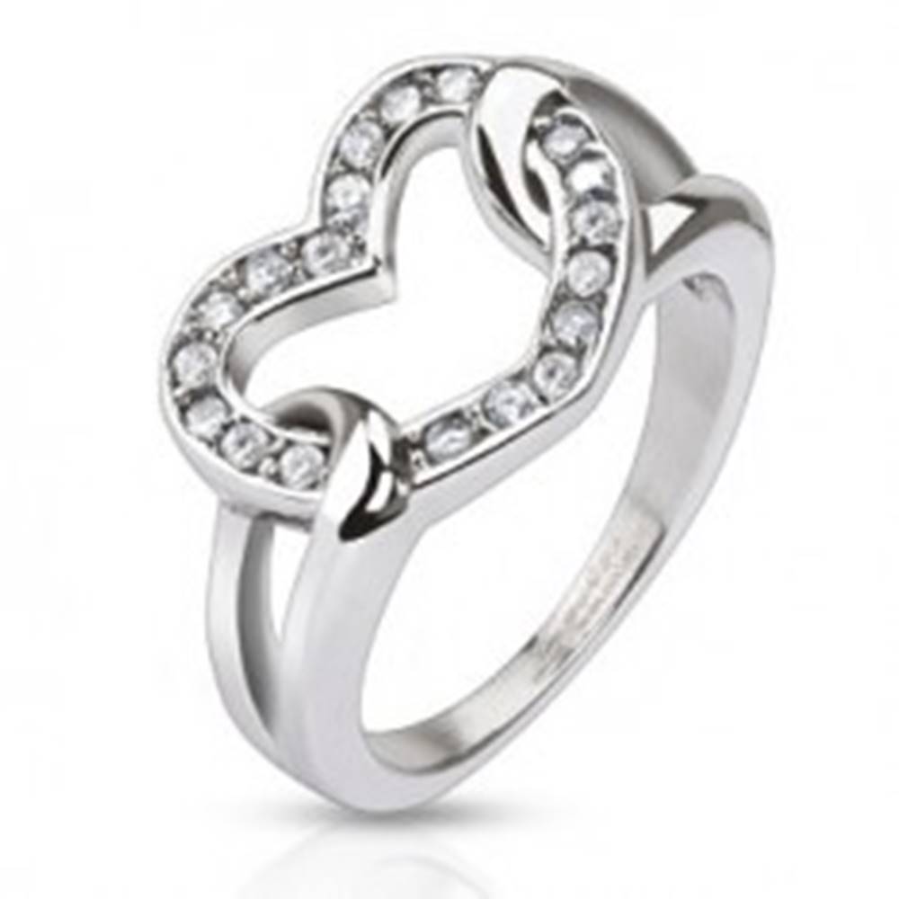 Šperky eshop Oceľový prsteň - lesklé zirkónové srdce v slučkách - Veľkosť: 49 mm