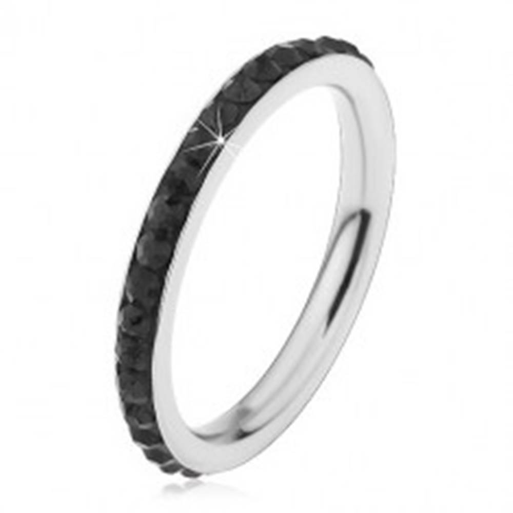 Šperky eshop Oceľový prsteň striebornej farby, ligotavé čierne zirkóniky - Veľkosť: 49 mm