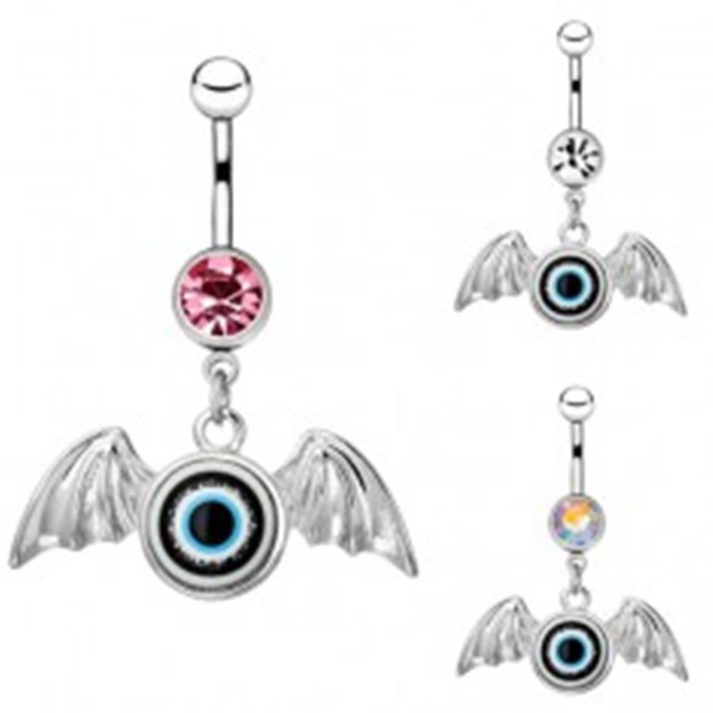 Šperky eshop Piercing do bruška z chirurgickej ocele - oko s krídlami, zirkón - Farba zirkónu: Číra - C