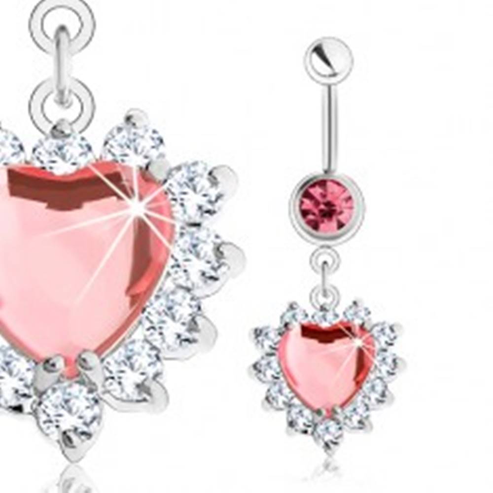 Šperky eshop Piercing do pupka z ocele 316L, ružové zirkónové srdce, číry ligotavý lem