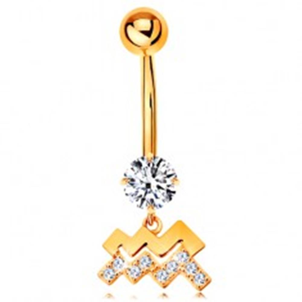 Šperky eshop Piercing do pupku v žltom 14K zlate - číry zirkón, symbol znamenia VODNÁR