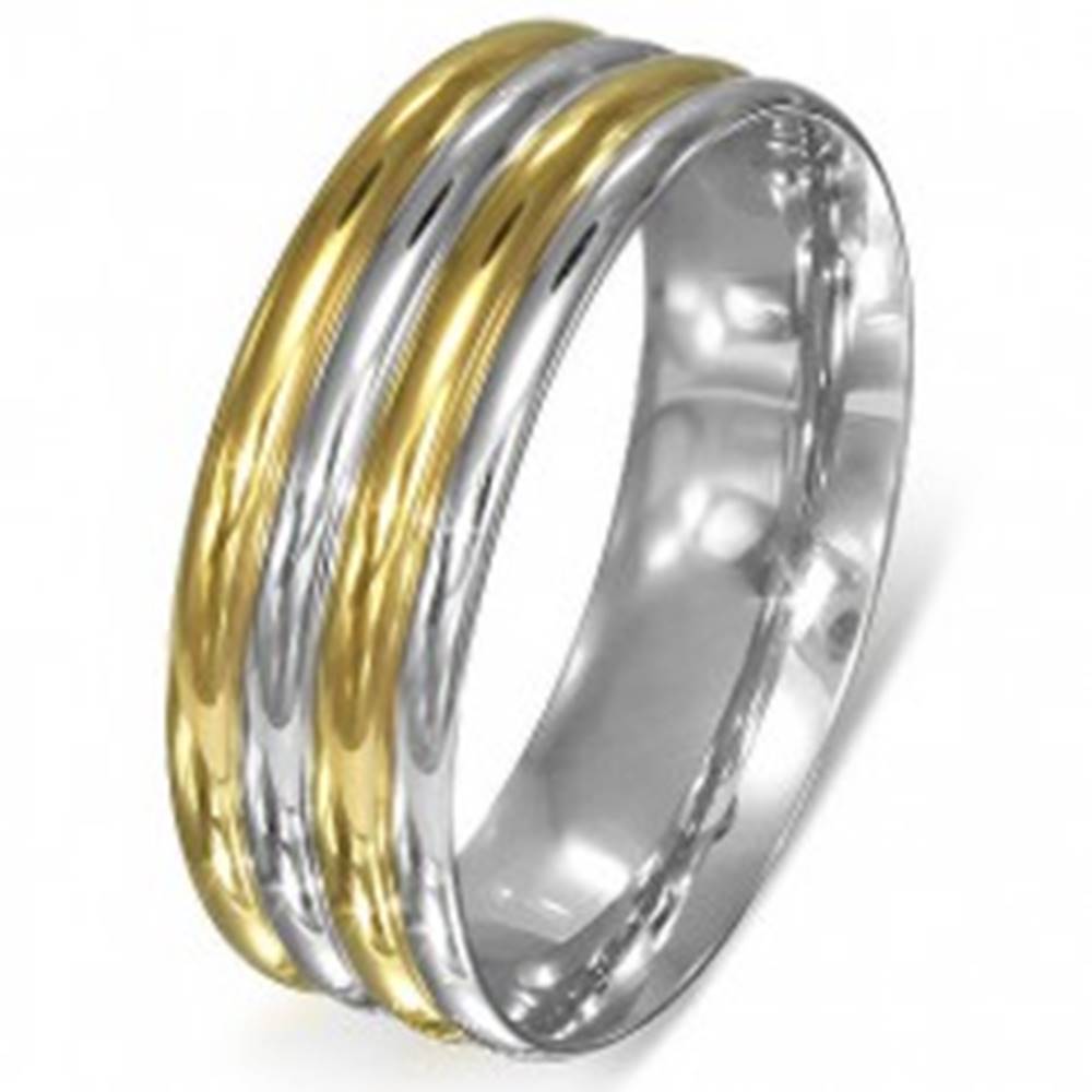 Šperky eshop Prsteň z ocele - zaoblené pásy strieborno-zlatej farby - Veľkosť: 51 mm